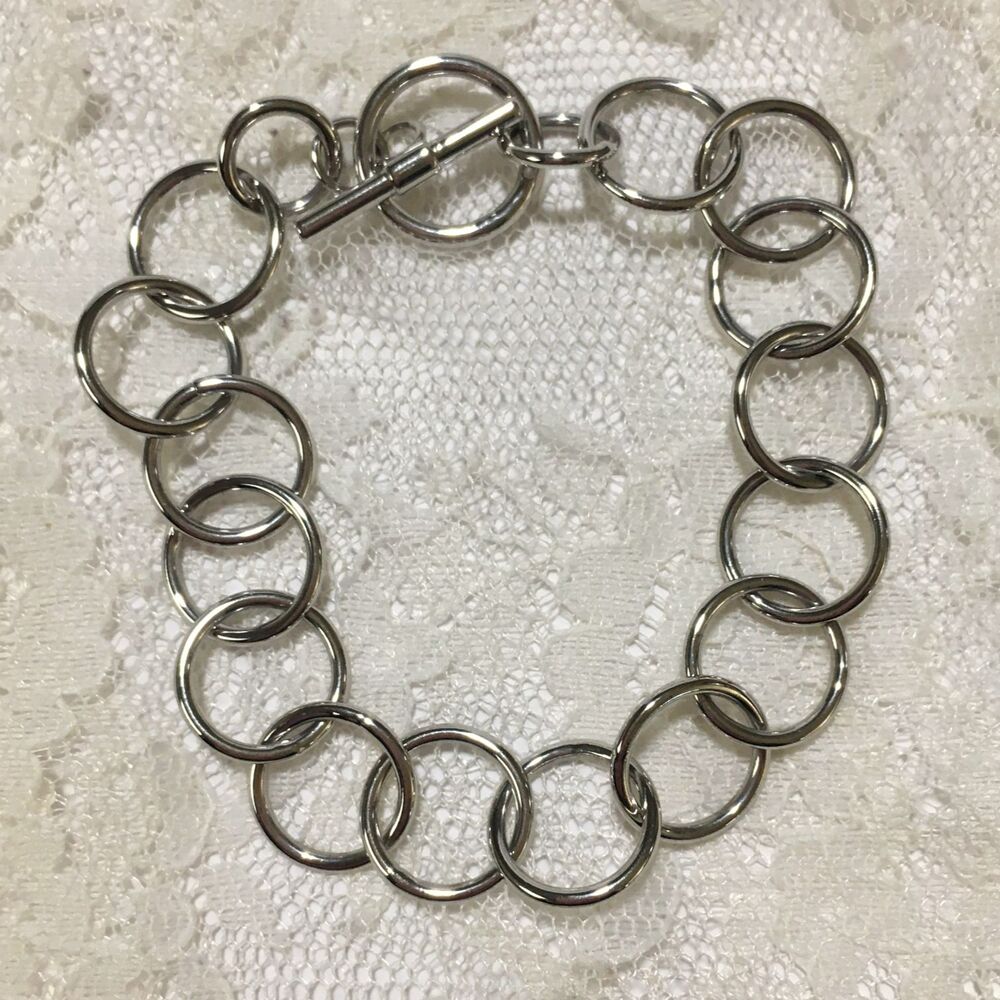 Silver tone Round Ring Chain Bracelet Charm Bracelet Toggle Clasp